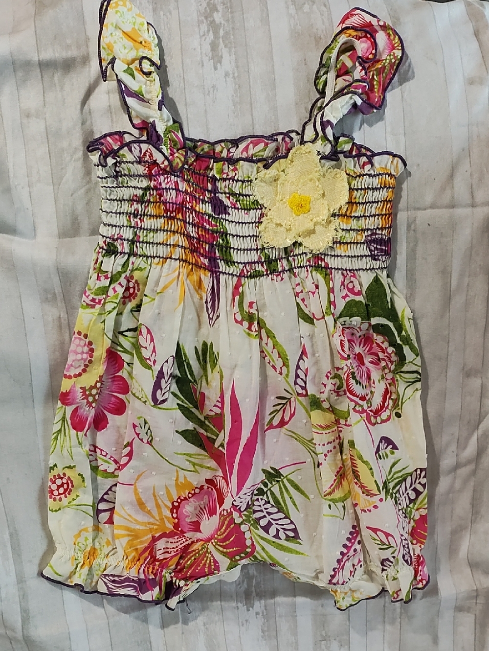 Baby Nay Floral Romper with Smocking, Flower Accent, Girl, 6 Month